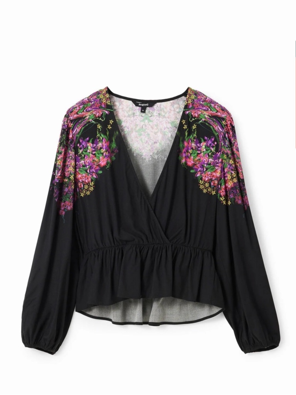 Desigual Black Blouse with Purple & Pink Floral Shoulders